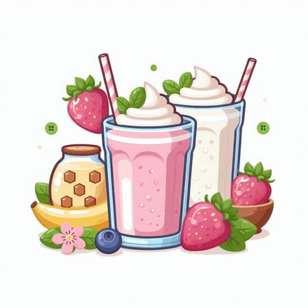 Strawberry and blueberry milkshakes. Vector illustration.のイラスト素材