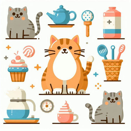 Cute cats and kitchen utensils. Vector illustration in flat style.のイラスト素材