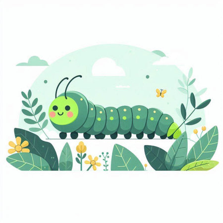 Cute cartoon caterpillar with green leaves and flowers. Vector illustration.のイラスト素材