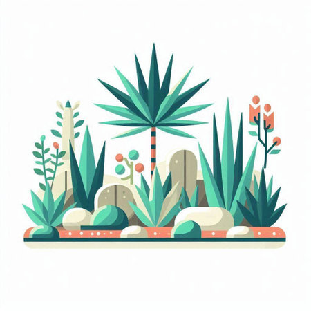 Flat vector illustration of tropical garden with plants and succulents.のイラスト素材