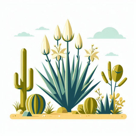 Cactuses and succulents in desert. Vector illustration.のイラスト素材