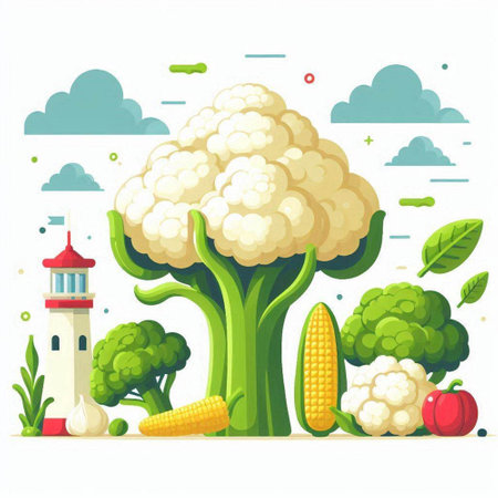 Cauliflower, corn, lighthouse and vegetables. Vector illustration.のイラスト素材