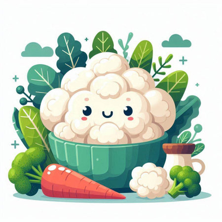 Cute cauliflower in a bowl with vegetables, vector illustration.のイラスト素材