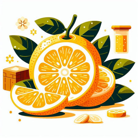 Citrus fruits with leaves and bottle of juice. Vector illustrationのイラスト素材