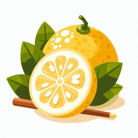 Lemon fruit with leaves isolated on white background. Vector illustration.のイラスト素材