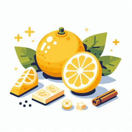 Lemon and cinnamon flat vector illustration. Juicy citrus fruit with leaves.のイラスト素材