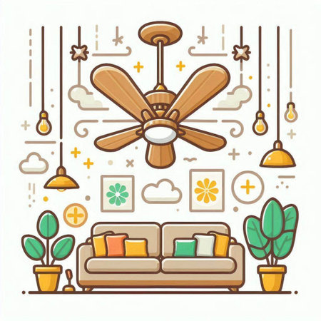 Vector illustration of cozy living room with furniture, ceiling fan, lamps and plants in pots. Line art design for web, site, advertising, banner, poster, board and print.のイラスト素材