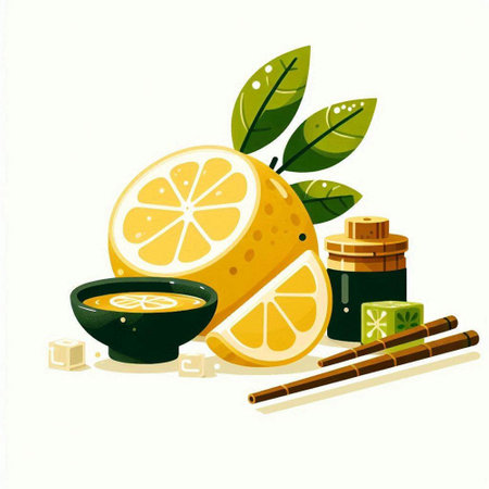 Illustration of a Lemon Slices, Slices of Lemon, Aroma Oil and Herbsのイラスト素材
