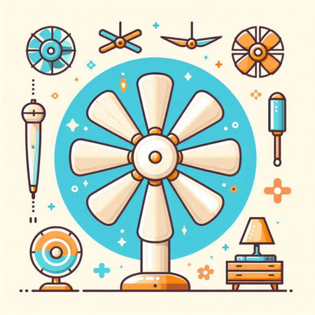 Vintage retro fan, vector illustration in flat line style. Design element for web and print.のイラスト素材
