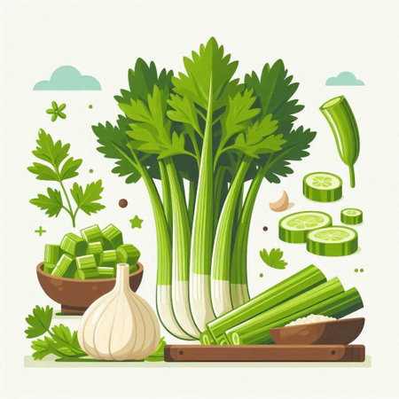 Vector illustration of fresh celery, garlic, parsley and dillのイラスト素材