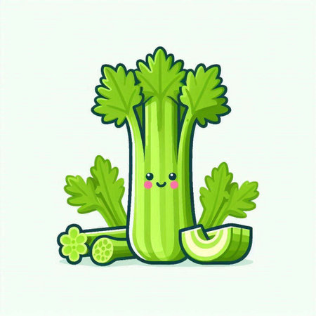 Cute celery character vector illustration. Cute celery character vector mascot.のイラスト素材
