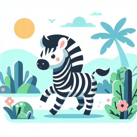 Cute zebra in the jungle. Vector illustration in flat styleのイラスト素材