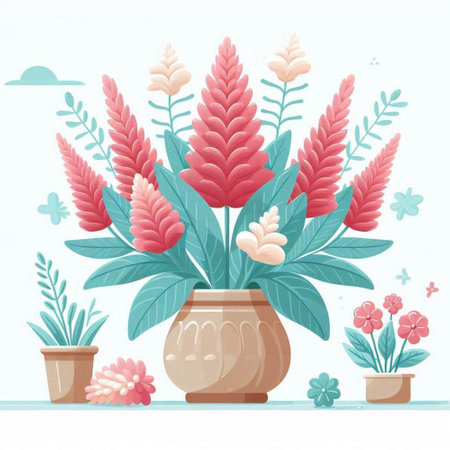Flowers in vases. Vector illustration in flat cartoon style.のイラスト素材