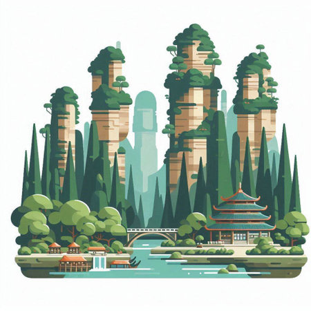 Landscape with pagoda, river and mountain. Vector illustration.のイラスト素材