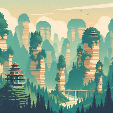Landscape of mountains and pagoda in china. Vector illustration.のイラスト素材