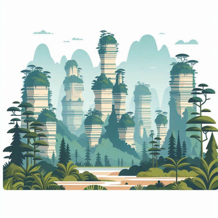 Landscape with mountains, forest and river. Vector illustration in flat styleのイラスト素材