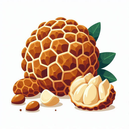 Litchi fruit with leaves isolated on white background. Vector illustration.のイラスト素材