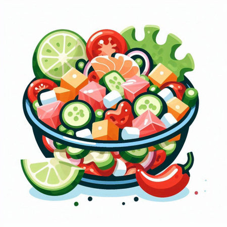Salad in a bowl. Hand drawn vector illustration isolated on white background.のイラスト素材