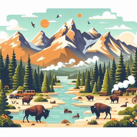 Mountain landscape with forest, river and cows. Vector illustration.のイラスト素材