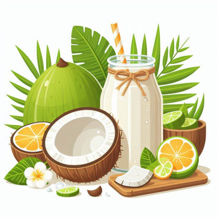 Vector illustration of coconut milk in a glass bottle with a straw and fresh fruits.のイラスト素材