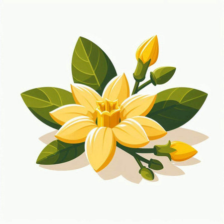 Yellow flower with green leaves on a white background. Vector illustration.のイラスト素材