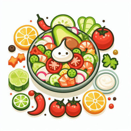 Vegetable salad in a bowl on a white background. Vector illustration.のイラスト素材