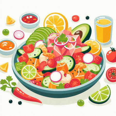 Illustration of fresh vegetable salad with avocado, tomato, cucumber, onion and lemonのイラスト素材