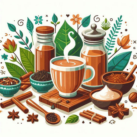Coffee cup, cinnamon, star anise, cardamom, brown sugar, coffee beans, cinnamon sticks, wooden spoon and green leaves. Vector illustration.のイラスト素材
