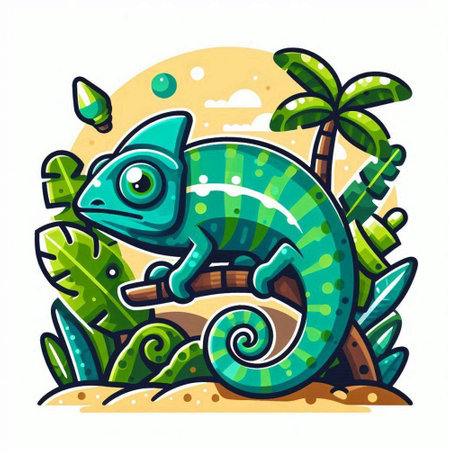 Cartoon chameleon on a background of palm leaves. Vector illustrationのイラスト素材