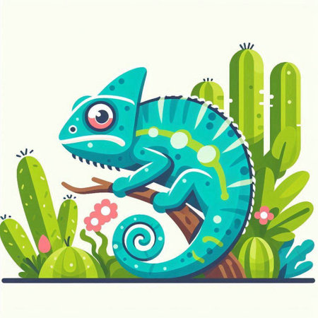 Cute cartoon chameleon sitting on a branch. Vector illustration.のイラスト素材