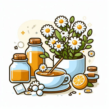 Cup of herbal tea with chamomile flowers. Vector illustration.のイラスト素材