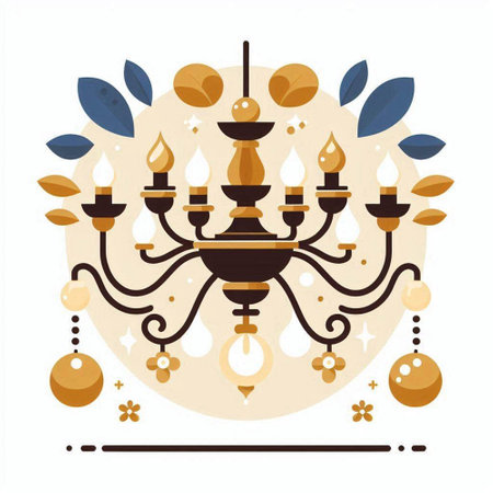 Vector illustration of a chandelier with a pattern of gold leavesのイラスト素材