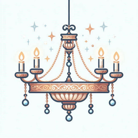 Vintage chandelier with candles and stars. Vector illustration.のイラスト素材