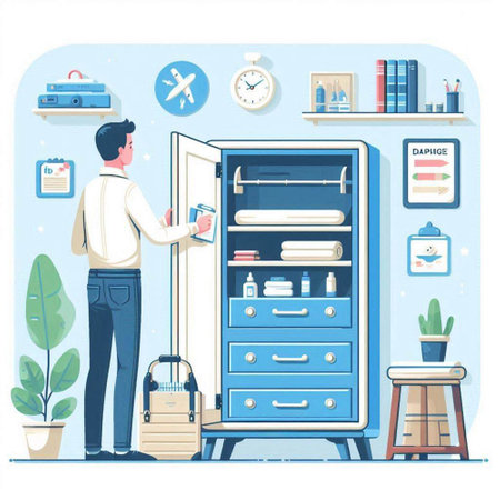 Man in Bathroom with Bathroom Interior. Male Character Standing near Bathroom Cabinet with Towels, Laundry and Dryer. Vector Illustrationのイラスト素材
