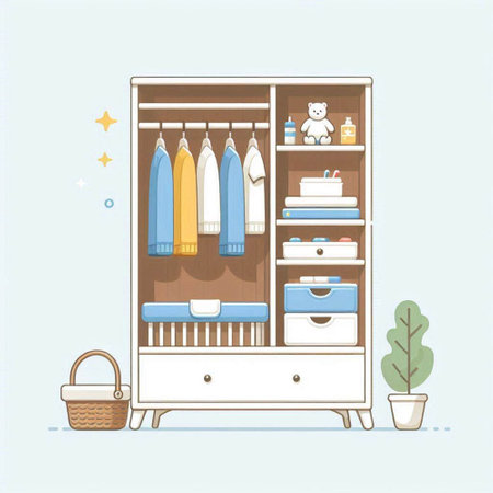 Illustration of a closet with clothes and accessories. Vector illustration.のイラスト素材