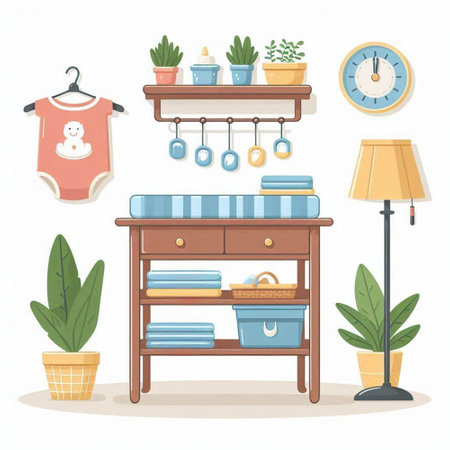 Illustration of a set of shelves with clothes, accessories and plants.のイラスト素材