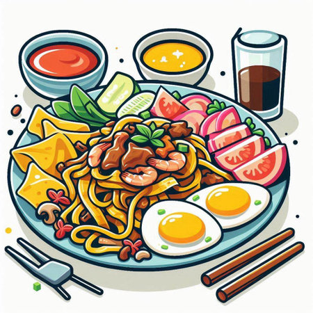 Illustration of a plate of noodles with chopsticks, vegetables and fried eggのイラスト素材