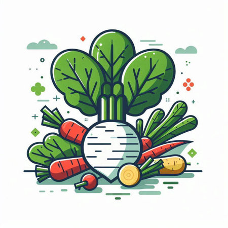 Vector illustration of fresh vegetables, carrot, beet, radish, onion, parsnip, celery. Line art design for web, site, advertising, banner, poster, board and print.のイラスト素材