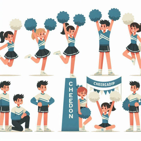 Cheerleaders set. Cheerleaders with pompoms and pom-poms. Cheerleaders in uniform. Vector illustrationのイラスト素材
