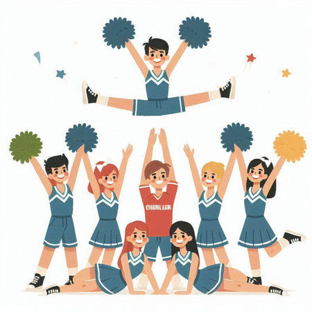 Cheerleaders with pom poms and hands up. Cheerleader team. Cheerleader team. Cheerleader team. Cheerleader team. Cheerleader team.のイラスト素材