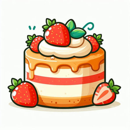 Cake with cream and strawberries on a white background. Vector illustration.のイラスト素材
