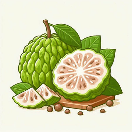 Vector illustration of fresh guava fruit with green leaves on white backgroundのイラスト素材