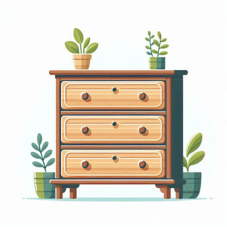 Wooden chest of drawers with plants. Flat vector illustration.のイラスト素材