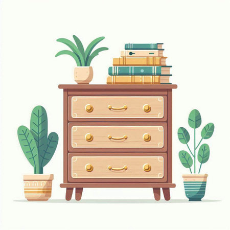 Wooden chest of drawers with books and plants. Vector illustrationのイラスト素材