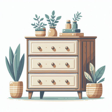 Wooden chest of drawers with plants. Vector illustration in flat styleのイラスト素材