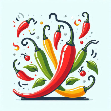 Colorful hot chili peppers in cartoon style. Vector illustration of chilli pepper.のイラスト素材
