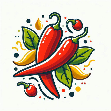 Chili pepper vector illustration. Hand drawn chili pepper with green leaves.のイラスト素材