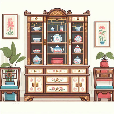Vector illustration of a vintage cupboard in a living room interior.のイラスト素材