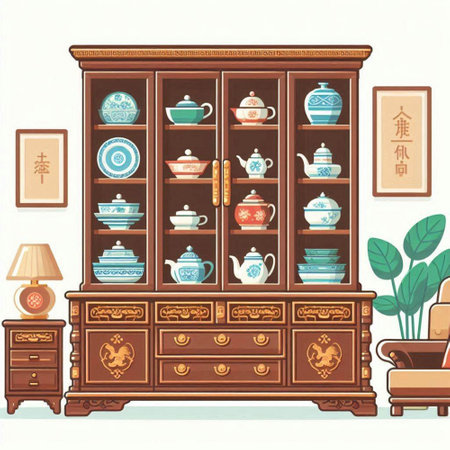 Vintage cupboard with tea set. Vector illustration in retro styleのイラスト素材