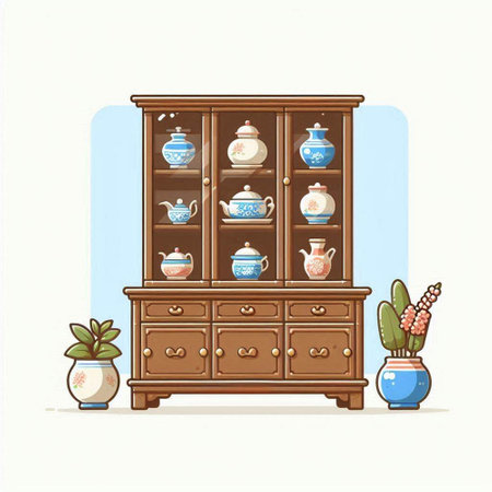 Cupboard and vase with cactuses. Vector illustration.のイラスト素材